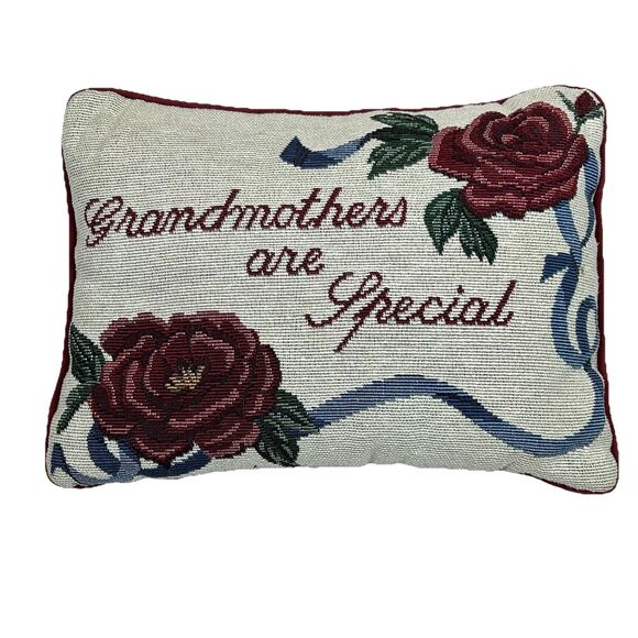 Tapestry Accent Pillow ‘Grandmothers Are Special’ Red Roses Ribbon 12 X 9 Gift - Picture 1 of 8